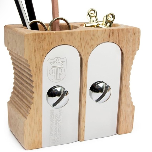 SuckUK Double Sharpener Desk Tidy Cup Pencil Gift Back to School Light Wood Cult - Picture 3 of 6